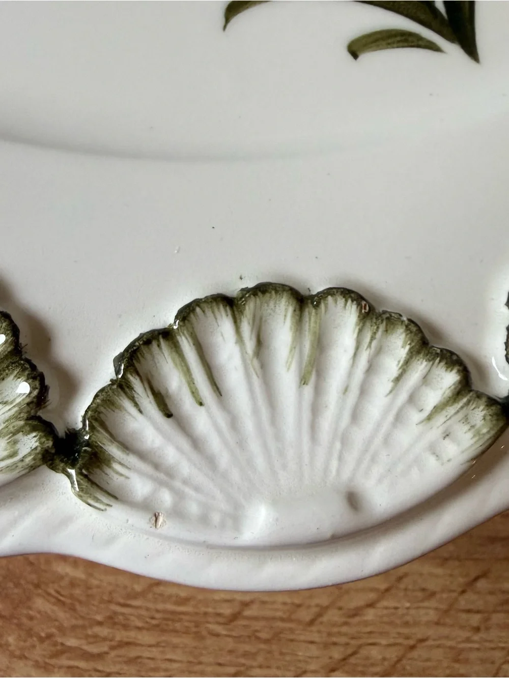Vintage Cake Pedestal Stand Hand Painted Green Floral With Shell Edging Gorgeous